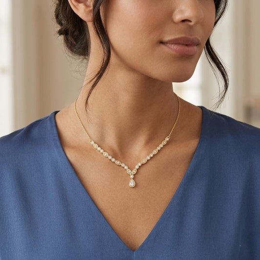 Teardrop Pendant Necklace with Delicate Chain with Round Brilliant Cut