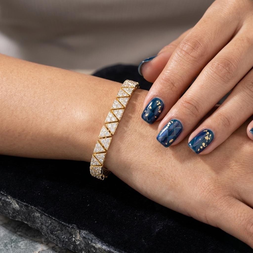 Solid Gold Triangular Link Bracelet Diamond Accent